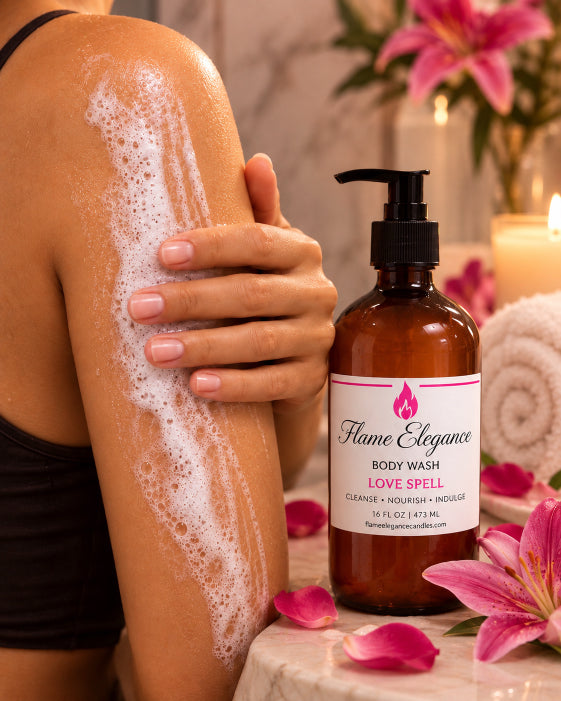 A bottle of Flame Elegance Love Spell Body Wash is shown next to a person's arm with white foaming body wash applied, in a spa-like setting with pink flowers and a lit candle.