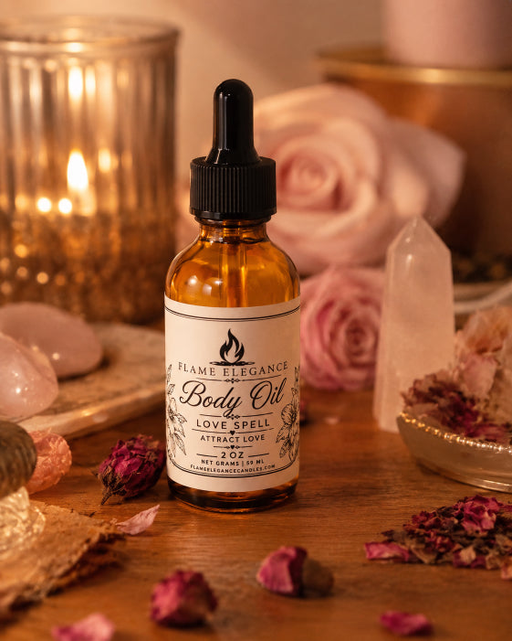 A bottle of Frame Elegance 'The Body Oil' Love Spell attract love 2oz amber glass dropper bottle on a wooden table surrounded by pink roses, crystals, and a lit candle.