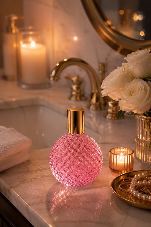 A pink textured glass perfume bottle with a gold cap sits on a marble bathroom counter next to a sink, candles, white roses, and a gold mirror. Love Spell perfume by Flame Elegance.