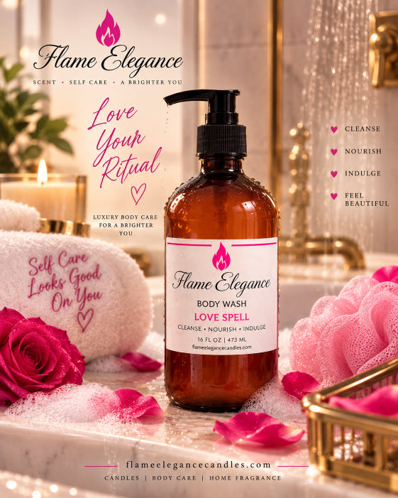 A bottle of Flame Elegance Love Spell body wash in an amber glass pump bottle, set on a white marble surface surrounded by pink rose petals, a white towel, and pink bath accessories in a warm, luxurious bathroom setting.