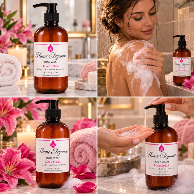 A four-panel collage showing a bottle of Flame Elegance Love Spell Body Wash in an amber bottle with a black pump. The panels include a clean product shot, a woman washing her back in a shower, hands dispensing foam, and the bottle surrounded by pink lilies and towels.