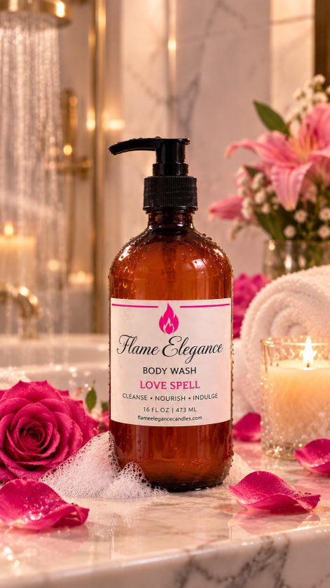 An amber glass pump bottle of Flame Elegance Love Spell Body Wash sits on a marble surface with pink rose petals, a lit candle, a rolled towel, and flowers in the background.