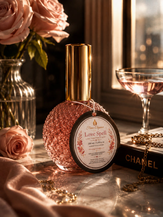 A glittery rose gold bottle labeled 'Love Spell' by Flame Elegance styled on a marble surface with pink roses, a cocktail glass, and a Chanel book in a warm, sunlit setting.