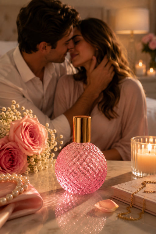A pink textured perfume bottle with a gold cap sits on a table in a romantic bedroom setting, surrounded by pink roses, a lit candle, pearls, and a book, with a couple embracing in the background. Love Spell perfume spray by Flame Elegance.