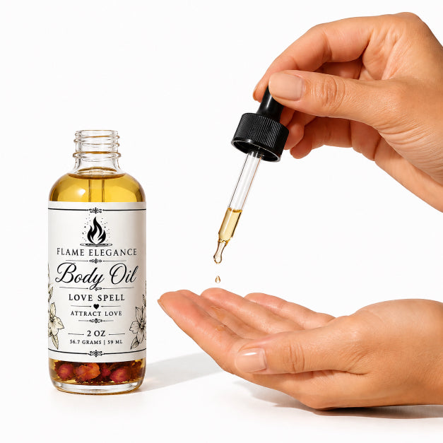 A hand holds a glass dropper above an open palm, dispensing golden body oil next to a bottle labeled Flame Elegance Love Spell Body Oil on a white background.