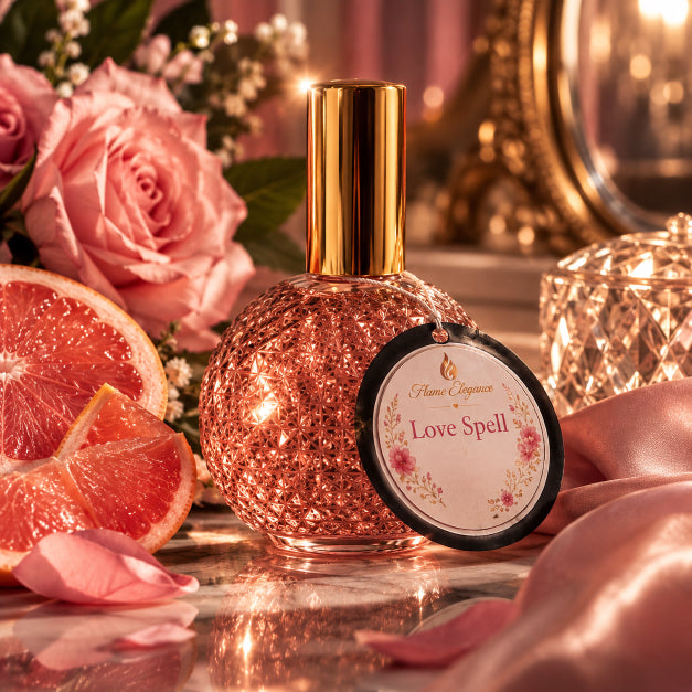A glittery rose-gold perfume bottle with a gold cap and a hanging 'Flame Elegance Love Spell' tag, styled with pink roses, grapefruit slices, satin fabric, and warm ambient lights.