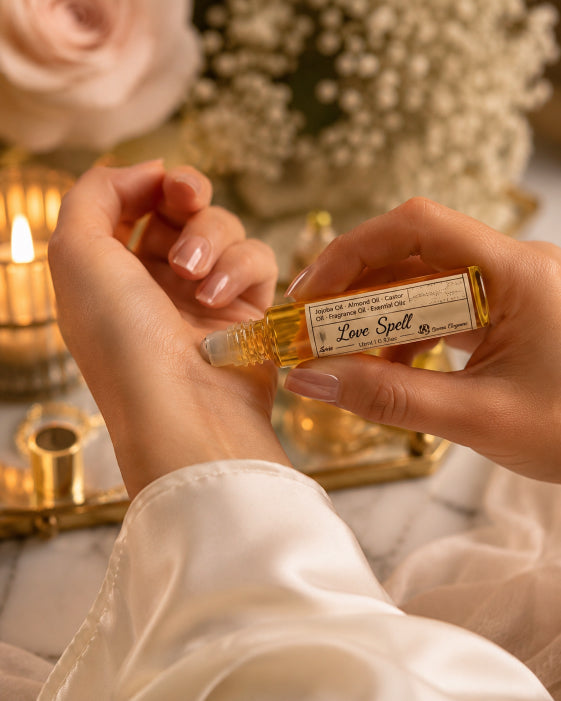 A close-up lifestyle shot of a person applying a golden oil from a small glass bottle labeled 'Love Spell' onto their wrist. The scene is styled with warm candlelight, soft pink roses, and gold decorative accents in the background by Flame Elegance.