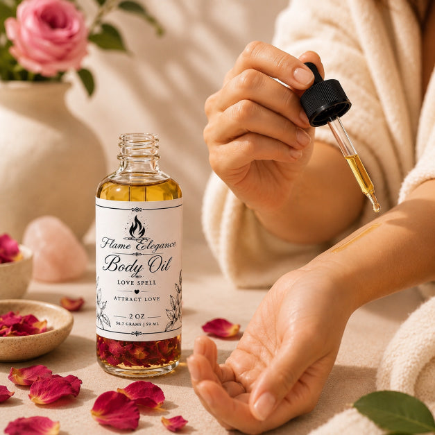A person holds a glass dropper Love Spell Body Oil, with golden oil being drawn. The scene includes rose petals, a pink rose in a vase, and a soft neutral background, suggesting a body oil product in use.