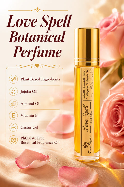 A bottle of Love Spell Botanical Perfume by The Love Emporium is displayed on a soft beige satin background with pink rose petals and roses. The left side features text detailing the product's ingredients, including jojoba oil, almond oil, vitamin E, and castor oil.