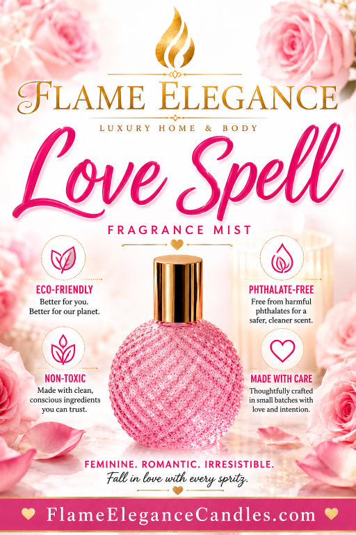 Promotional graphic for Flame Elegance 'Love Spell' fragrance mist, showing a pink textured spray bottle with a gold cap centered on a soft pink rose background with product claims around it.