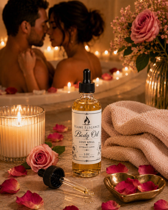 two people in a bath tub with a clear glass bottle sitting on a table that says Flame Elegance Body Oil Love Spell Scent Attract Love by Flame Elegance