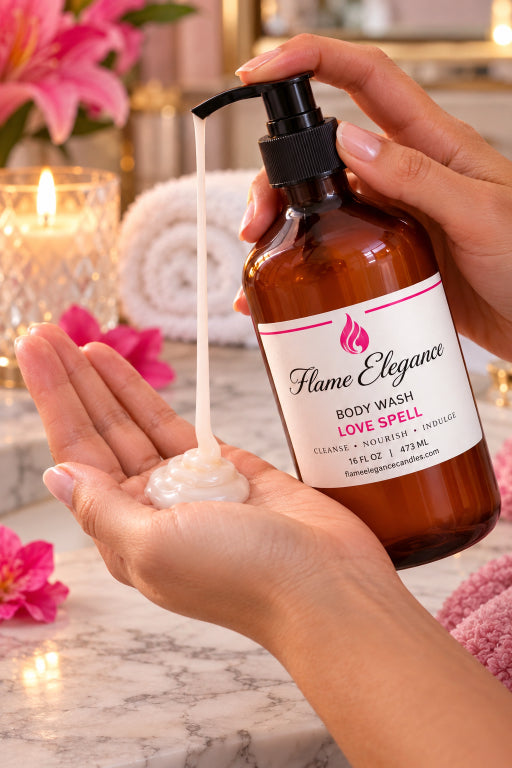 A person holds an amber bottle of Flame Elegance Love Spell Body Wash, with the white cleanser being squeezed onto their palm over a marble countertop with a pink flower and a lit candle in the background.