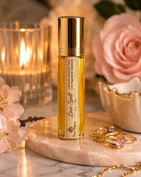 A small cylindrical roller bottle labeled 'Love Spell' with a gold cap, placed on a marble slab with warm candlelight, pink roses, rings, and flowers around it by Flame Elegance.