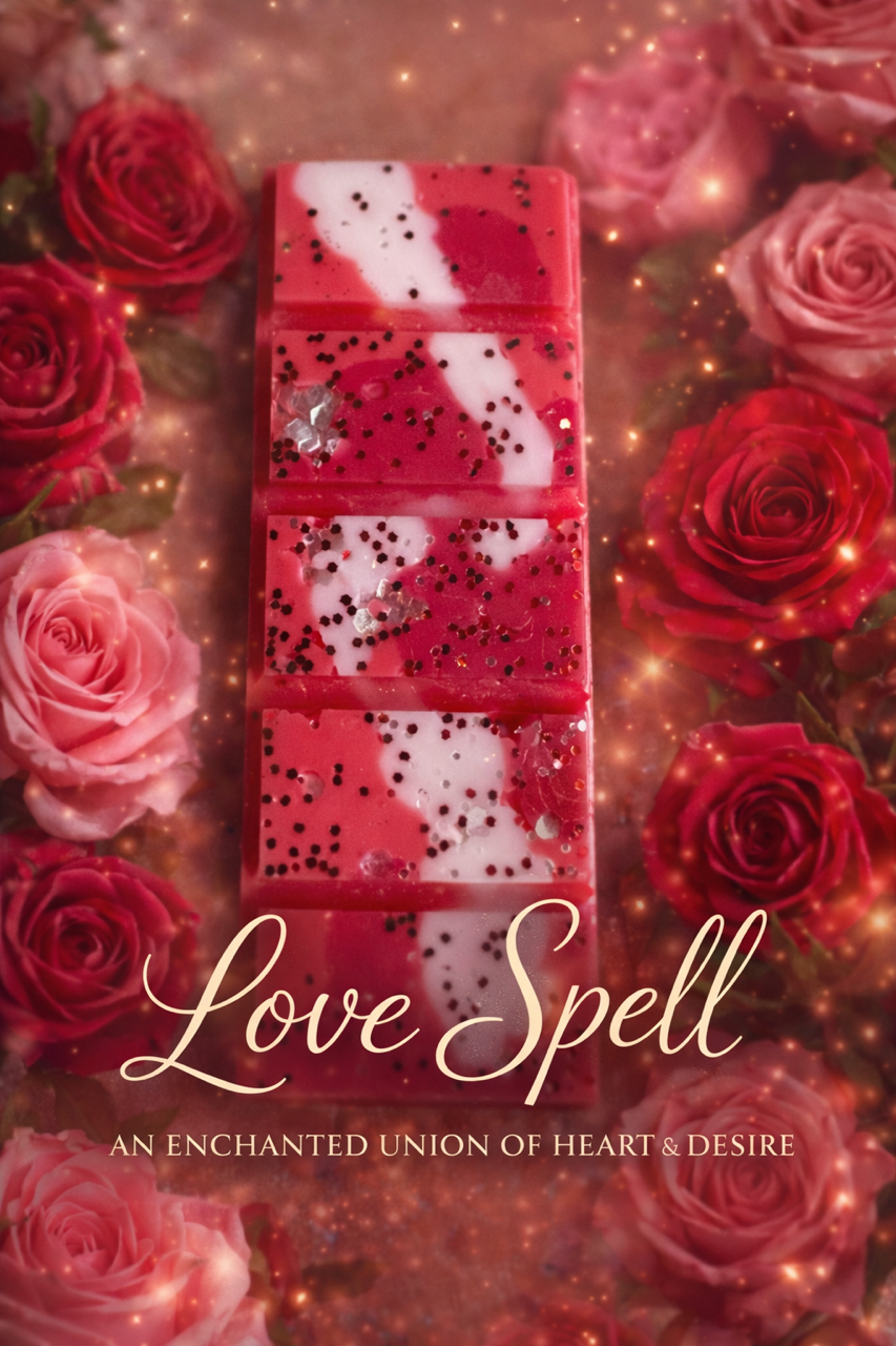 Love Spell soy wax melt bar with pink floral background and shimmer