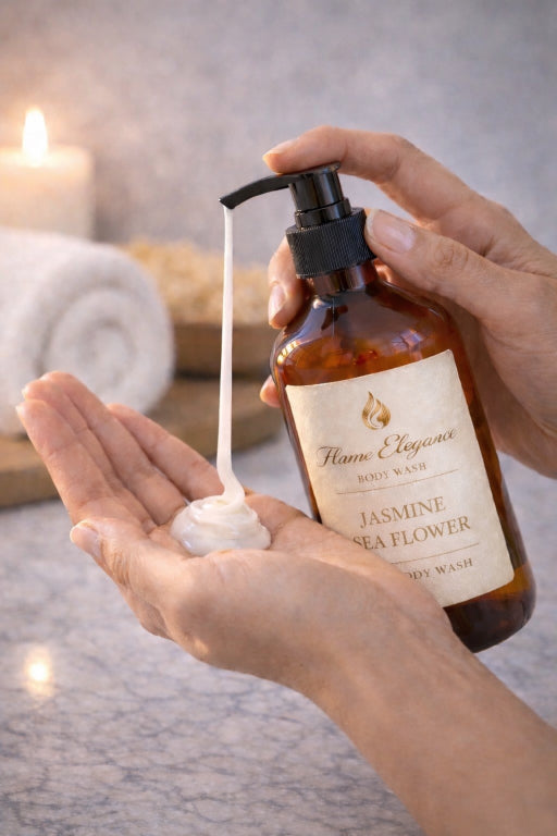 Luxe body wash by Flame Elegance scented with jasmine sea flower. Amber color pump bottle. Spa background with candle and towel.
