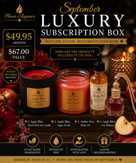 Promotional graphic for a Flame Elegance September Luxury Subscription Box, showing a candle, sugar scrub, body oil, and car diffuser with text detailing the monthly price and included products.