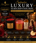 Promotional graphic for a Flame Elegance September Luxury Subscription Box, showing a candle, sugar scrub, body oil, and car diffuser with text detailing the monthly price and included products.