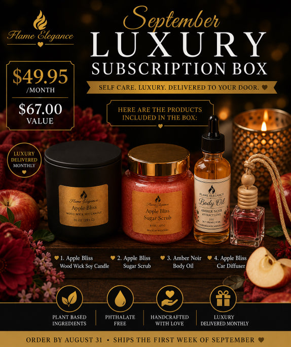 September Luxury Subscription box promotional image $49.95. Includes apple bliss wood wick candle, apple bliss sugar scrub. amber noir body oil, and apple bliss car diffuser by Flame Elegance.