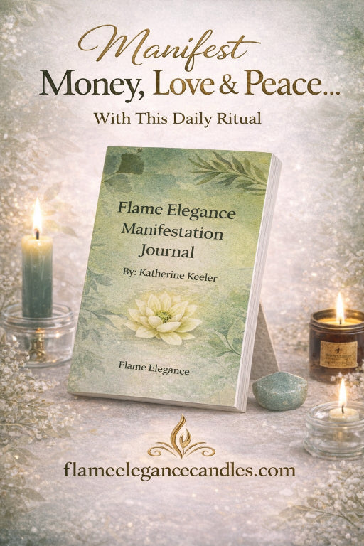 Flame Elegance Manifestation Journal with candles on a textured surface