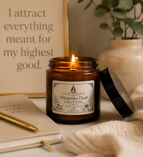 Candle in an amber jar with a label, next to a notebook and pen, on a surface. by flame elegance