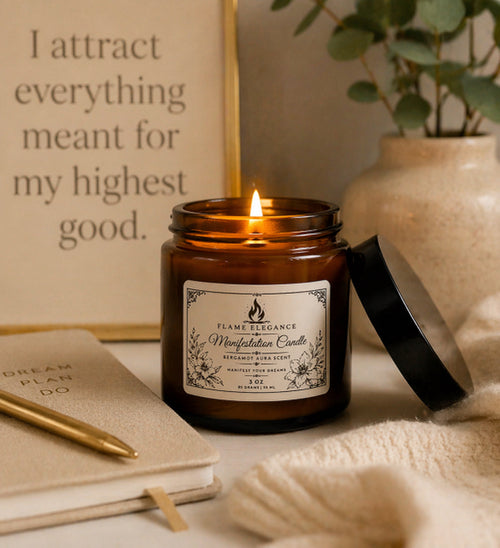 Candle in an amber jar with a label, next to a notebook and pen, on a surface. by flame elegance