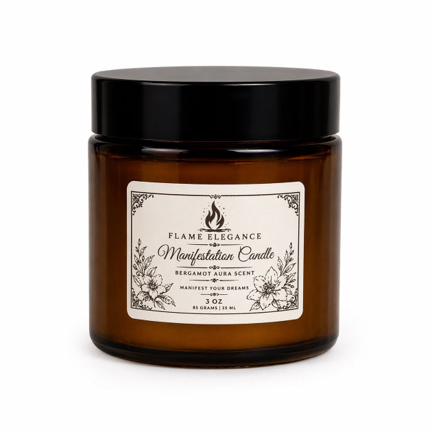Amber glass candle jar with black lid and decorative label on a white background