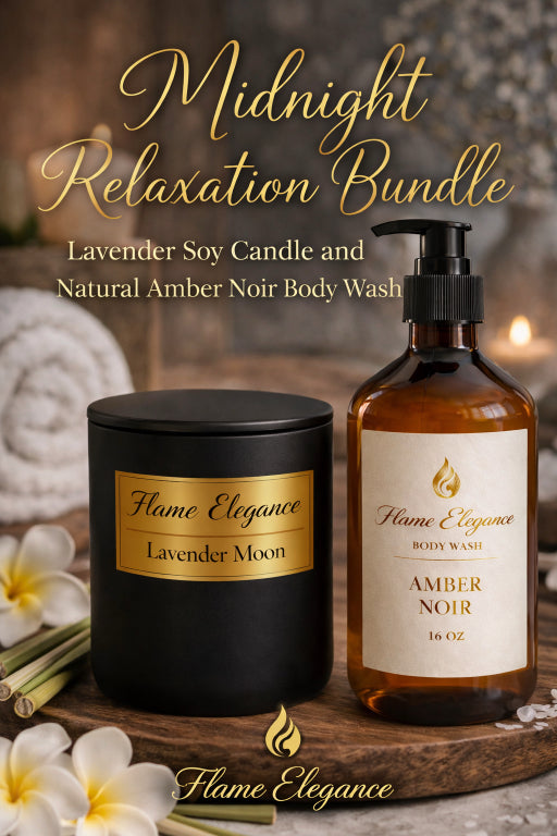 Flame Elegance lavender soy candle and natural amber noir body wash on a wooden tray with flowers.