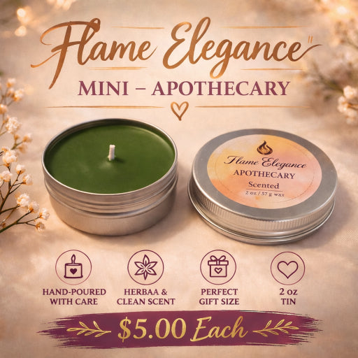 Flame Elegance Mini Apothecary candle with packaging on a warm-toned background