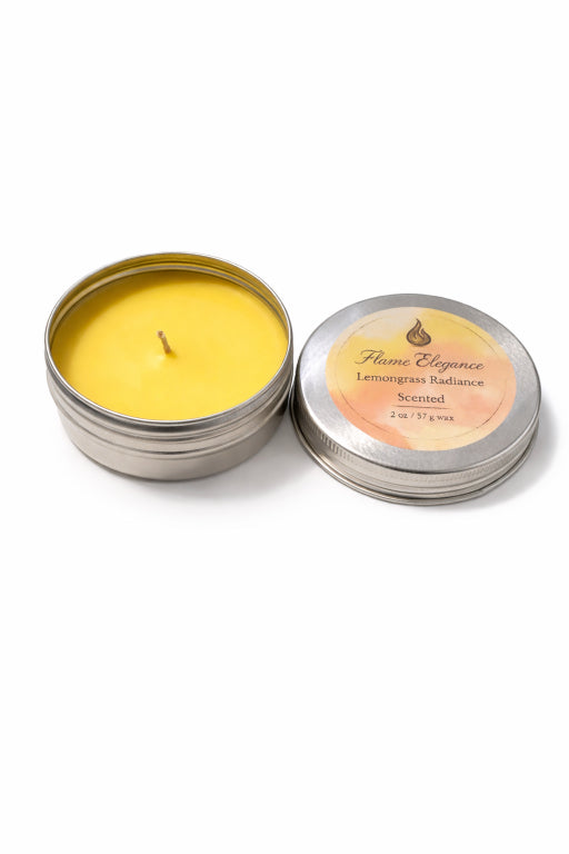 Yellow candle in a metal tin with a label on a white background