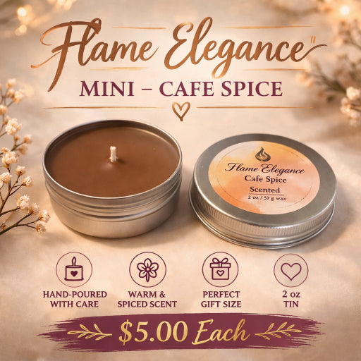 Flame Elegance Mini Cafe Spice candle in a tin with packaging on a decorative background