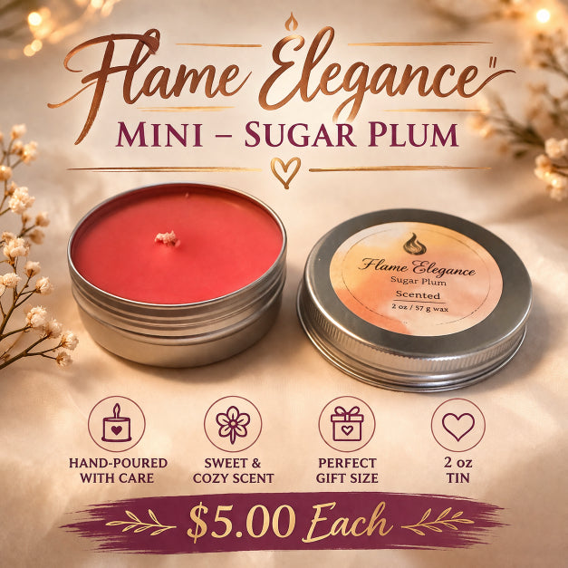 Flame Elegance Mini Sugar Plum candle with packaging on a warm-toned background