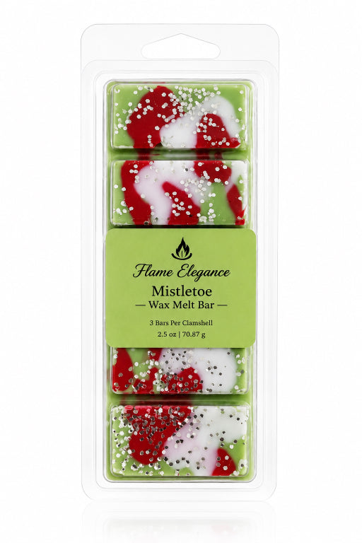A packaged wax melt bar set labeled Flame Elegance Mistletoe, showing four rectangular wax melts in a clear blister pack with a light green center label. The wax melts are light green with red and white marbled swirls and scattered white and silver glitter.