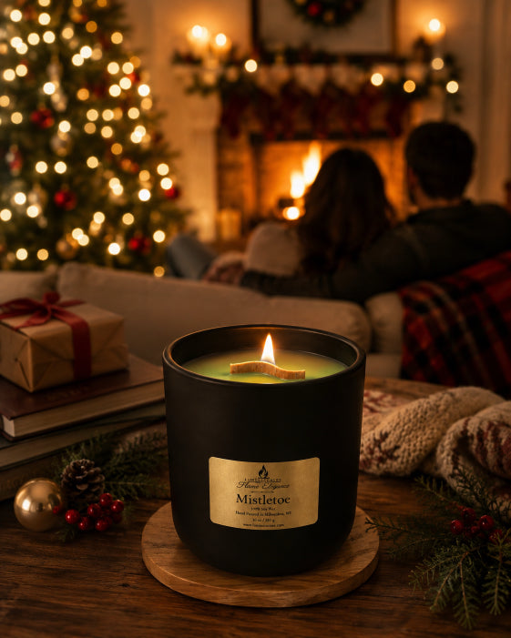 A black candle jar labeled 'Mistletoe' by Flame Elegance sits on a wooden coaster in a cozy living room setting with a Christmas tree, fireplace, and people sitting in the background.