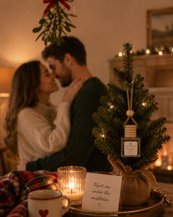 A cozy holiday scene with a couple embracing in the background and a small decorated Christmas tree in the foreground on a table with a candle, mug, and a note that reads 'Meet me under the mistletoe'. A air freshener glass diffuser hanging from small tree that reads Mistletoe and it is by Flame Elegance.