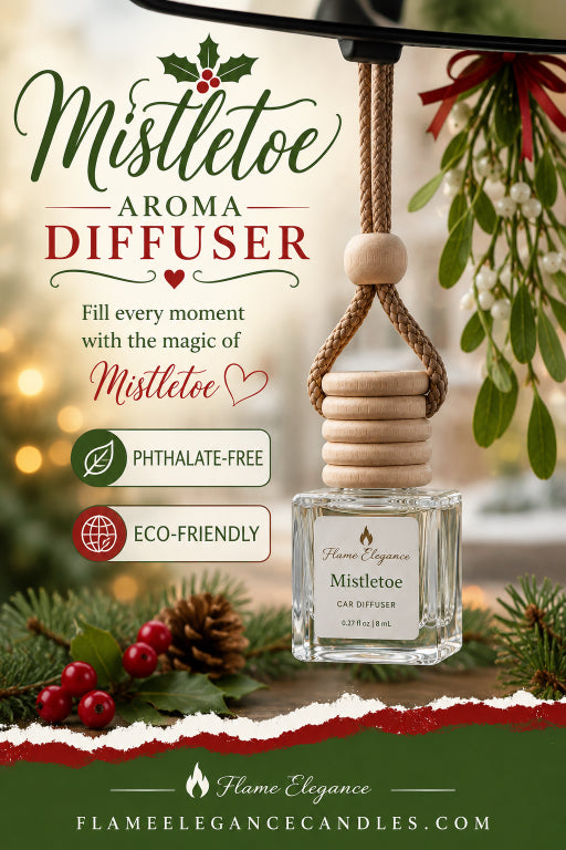 Mistletoe Aroma Diffuser by Flame Elegance, featuring a clear glass bottle with a wooden diffuser stick and hanging rope, surrounded by festive greenery, mistletoe, and holiday lights. The image includes promotional text highlighting its phthalate-free and eco-friendly qualities.