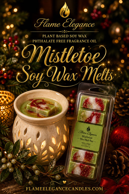 Flame Elegance Mistletoe Soy Wax Melts shown with a lit beige wax warmer and a package of four melts in a festive holiday setting with pine branches, ornaments, and warm lights.