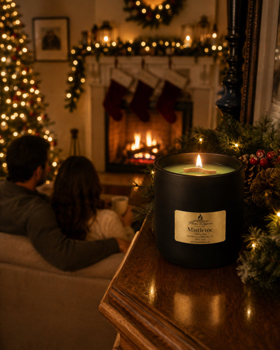 A black candle jar by Flame Elegance labeled 'Mistletoe' sits on a wooden mantel in a cozy living room, with a lit fireplace, stockings, and a Christmas tree blurred in the background. Two people are seated on a couch in the room.