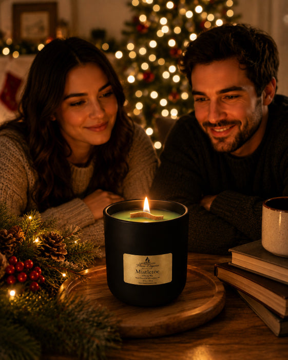 A lit black candle scented with Mistletoe by Flame Elegance sits on a wooden tray on a table, with a smiling couple looking at it in a cozy holiday setting with a Christmas tree and warm lights in the background.