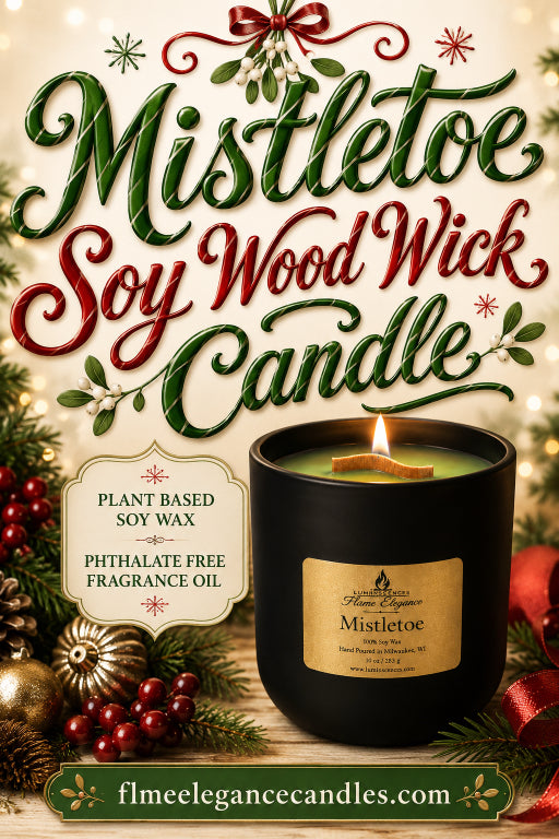 Mistletoe soy wood Wick candle by Flaming Elegance Candle Co. in a matte black jar with a lit wick, surrounded by festive pine branches, red berries, ornaments, and holiday decorations on a warm beige background.