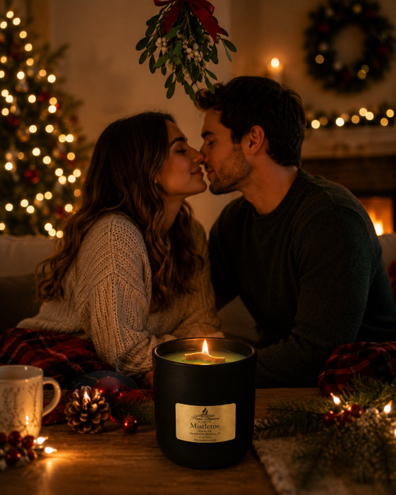 A couple leans in to kiss in a cozy, warmly lit holiday living room, with a large black scented mistletoe holiday candle by Flame Elegance in the foreground on a wooden table decorated with pinecones, a mug, and Christmas lights.