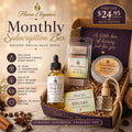 Flame Elegance monthly subscription box with candles, body oil, and other items on a beige background.