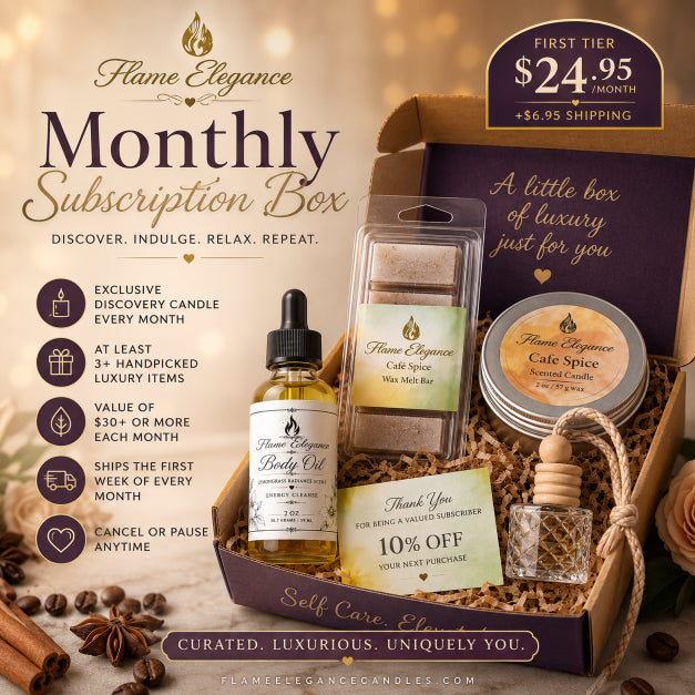 Flame Elegance monthly subscription box with candles, body oil, and other items on a beige background.