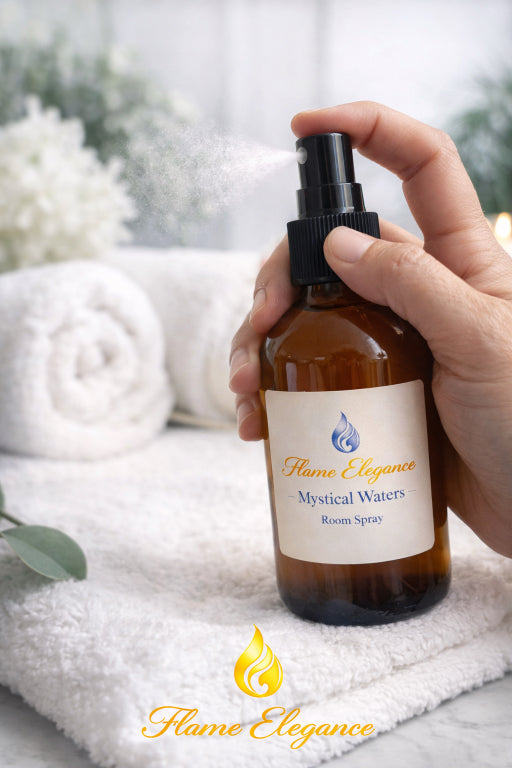 Hand holding a bottle of 'Mystical Waters' room spray by Flame Elegance on a white surface.