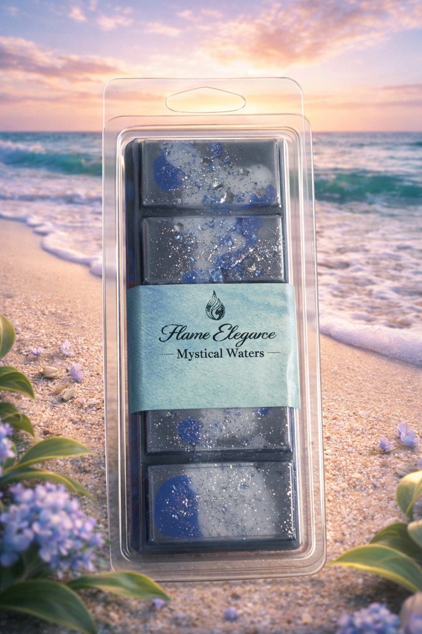 Mystical Waters ocean-inspired wax melt bar with blue and gray marbled wax design. 
