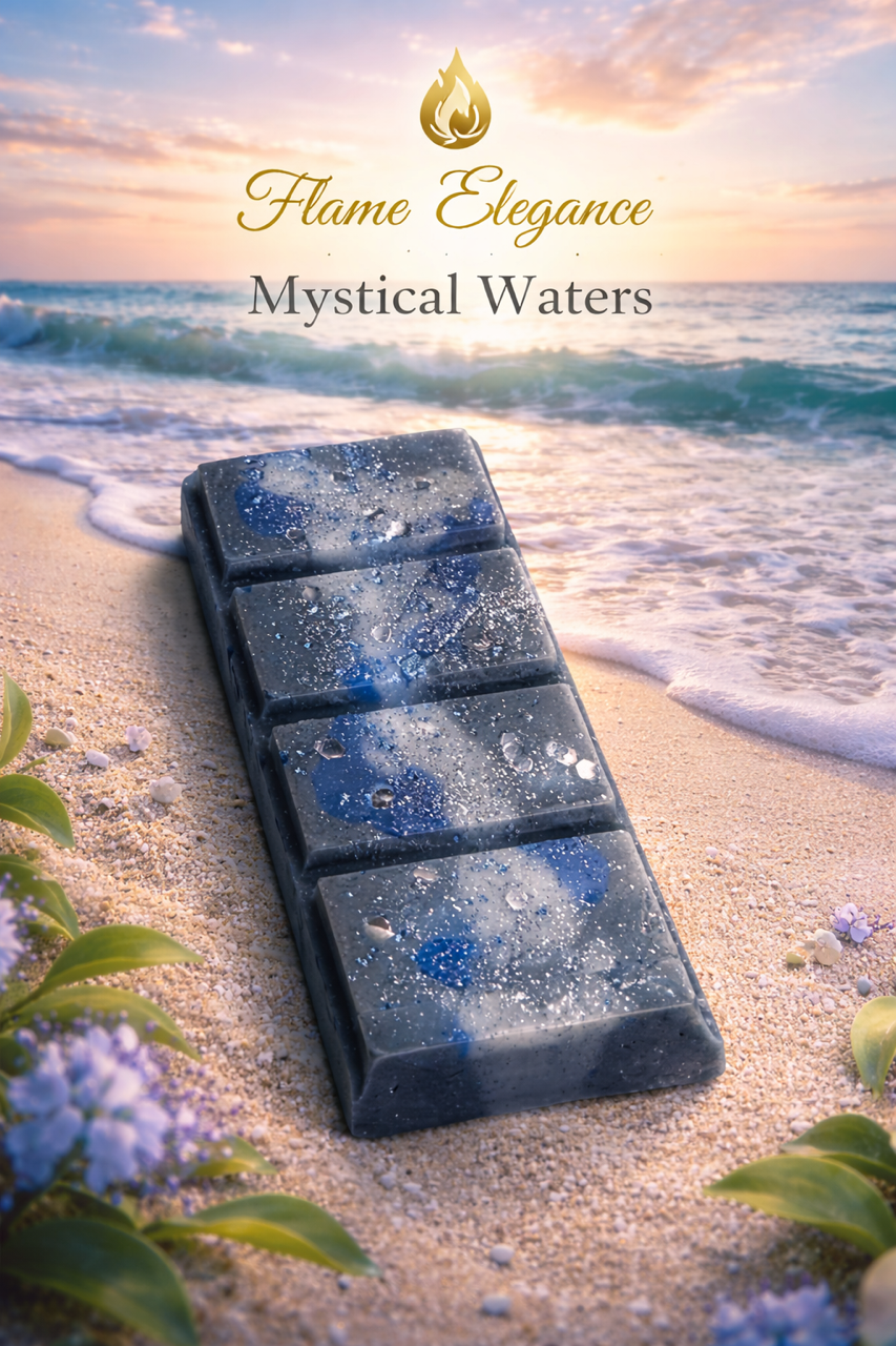 Mystical Waters wax melt bar featuring marbled blue and gray wax with shimmer accents, inspired by ocean waters and coastal fragrance tones. 