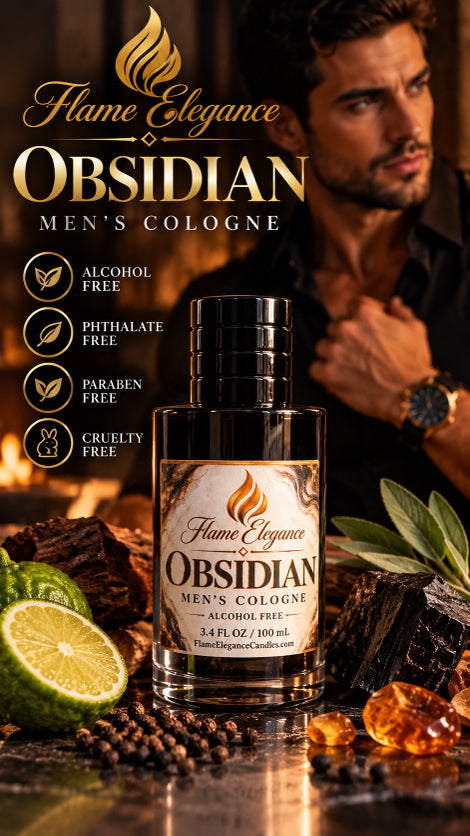 A marketing image for Flame Elegance Obsidian. Picture of cologne in front with man in background. Text on image says alcohol free, phthalate free, Paraben free, and cruelty free. Image of lime, amber, and obsidian at bottom. 