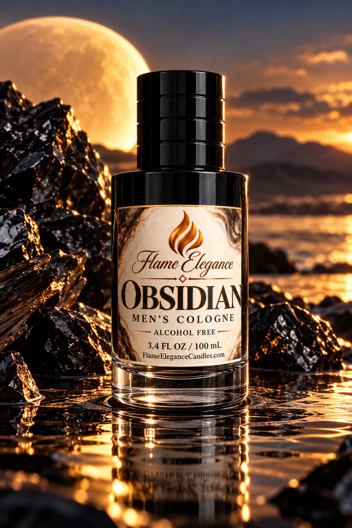 Image of Obsidian cologne by Flame Elegance sitting next to Obsidian crystal on water with the moon and mountains in the background. 