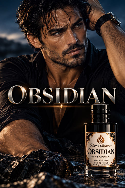 Obsidian cologne with man in the background by Flame Elegance