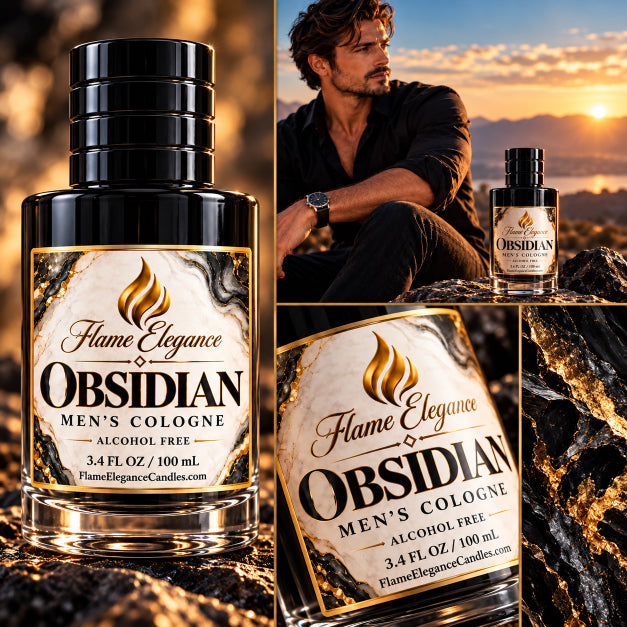 A collage advertisement for Obsidian men's cologne by Flame Elegance. contains four images. One ob Obsidian black bottle standing upright, One image of man sitting next to the bottle, another image close up of the bottle showing the label that says 3.4 OZ, alcohol free, and the final small image of obsidian the crystal. 