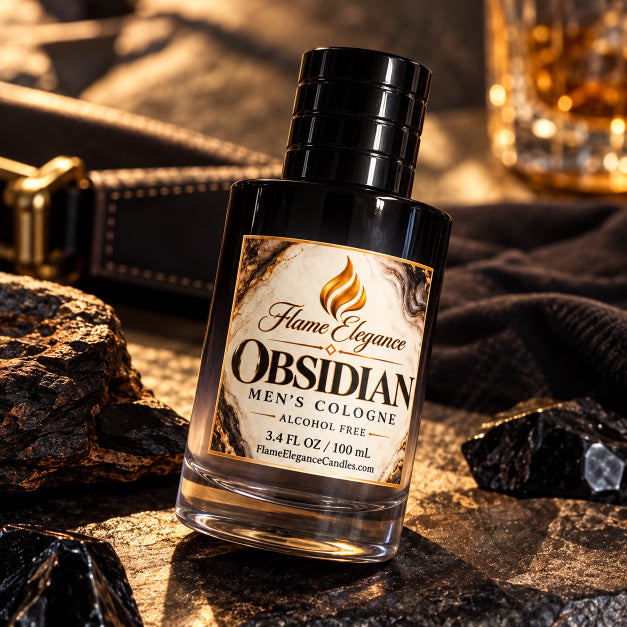 Obsidian alcohol free fine mist mens spray cologne by Flame Elegance. Housed in black glass container sitting on obsidian with a glass in background and a belt. 